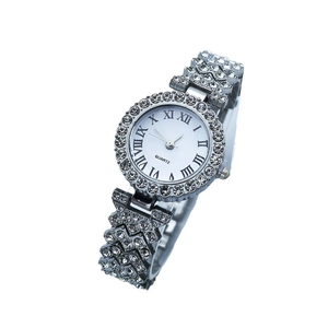 Silver quartz watch with rhinestone bezel and crystal-embellished strap for women