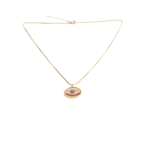 Detail of gold lobster clasp and extender chain on the zircon evil eye necklace