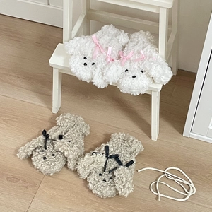 Mitaines de chiot en peluche d'hiver avec nœud en blanc et kaki pour femmes et étudiants
