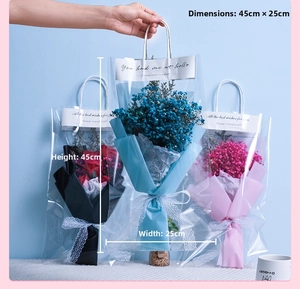 Detail of transparent PVC gift bag for flowers with white lace bow and 45x25cm size specs