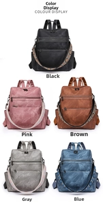 Detail view of vintage PU leather backpacks in five colors with patterned shoulder straps
