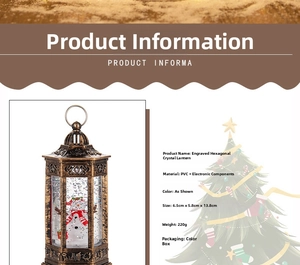 Detail view of hex Christmas lantern with snow globe effect and bronze finish specs