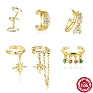 925 Sterling Silver Ear Cuffs Zirconia Non-Piercing Clip Earrings Gold Plated Star Pendants Trendy Jewelry Women