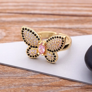 18K gold plated butterfly open ring with sparkling pink and black zircon stones