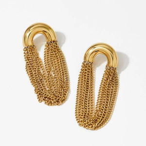 Golden chunky U-shape arch earrings with delicate chain tassels on white background