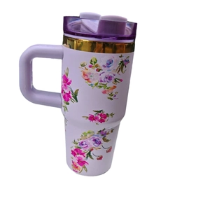 Lavender floral 304 stainless steel insulated tumbler with handle and gold rim