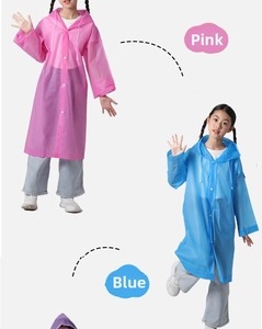 Pink and blue hooded EVA raincoats for children featuring snap button closures