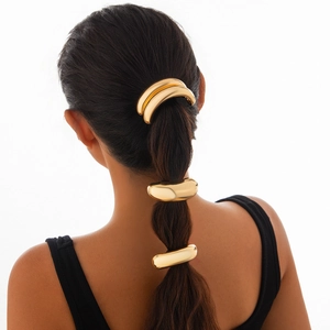 Minimalist Alloy Curved Metal Ponytail Cuff Hair Tie Irregular Polished Elastic Hair Band For Women