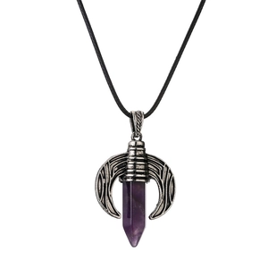 Vintage amethyst hexagonal prism necklace with silver crescent moon pendant on black cord