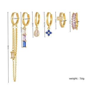 Detailed view of 6-piece S925 silver needle gold earrings set with colored zircon and chain
