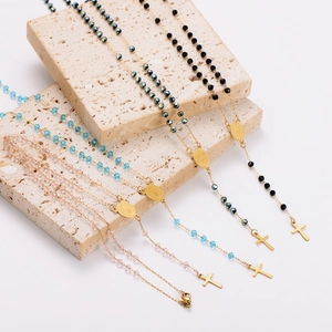 Retro stainless steel beaded sweater chains with oval portrait charms and cross pendants