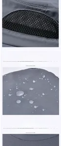 Dettaglio cappello da sole grigio scuro con tessuto resistente all'acqua e rete traspirante
