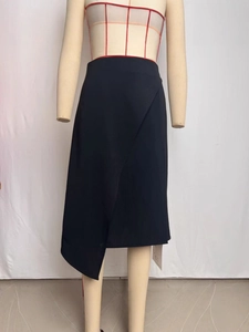 Minimalist high-waisted black midi skirt with asymmetric cut and side slit design