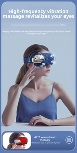Detail of smart eye massager showing 42°C heating mode and vibration on female model
