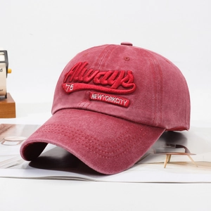 Distressed red washed cotton baseball cap with 3D New York embroidery and vintage look