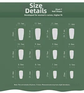 Size chart showing 12 dimensions for short coffin snowflake press-on nails set