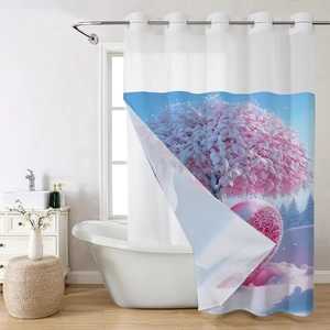 Waterproof waffle shower curtain with pink snow tree and heart print in a modern bathroom