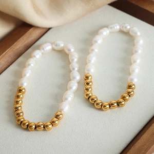 French style titanium steel bracelet with freshwater pearls and gold beads on silk