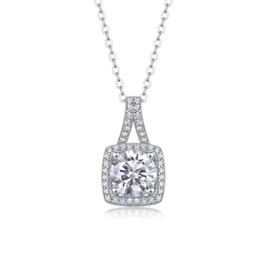 925 silver moissanite halo necklace with a round center stone on white background