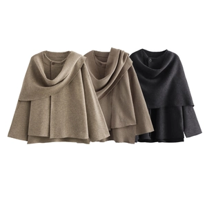 Women's British style loose wool coat set with scarf in khaki, brown, and dark grey