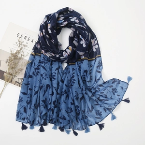 Women's Floral Print Contrast Color Scarf With Tassels Cotton Linen Blend Shawl Elegant Lightweight Sunshade Wrap Fashion Accessory