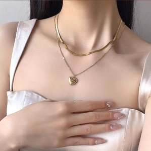 Light Luxury Titanium Steel Double Layer Heart Necklace Love You Engraved Heart Pendant Snake Chain Stacking Women Necklace Gold Silver Jewelry