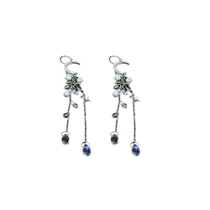 Elegant star and moon tassel clip-on earrings with pearls and blue teardrop beads