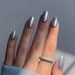 Aurora Silver Grey Cat Eye Press On Nails Oval Round Head Laser Metallic French Glitter Tips Luxury Manicure For Women