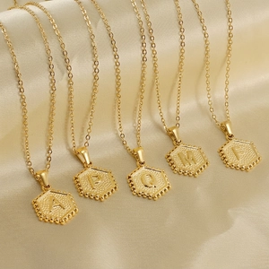 Hexagonal Letter Pendant Necklace 18K Gold Plated Stainless Steel Initial Alphabet Beaded Edge Jewelry For Women