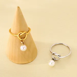 Knot Design Stainless Steel Ring With Dangling Round Shell Artificial Pearl Minimalist Elegant Fashion Jewelry Gift For Women