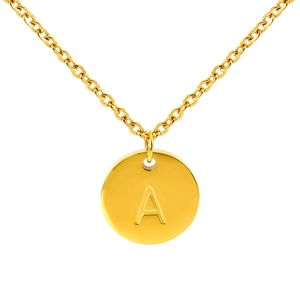 Collier médaille dorée avec lettre A en relief et chaîne fine en acier inoxydable