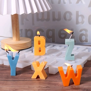 Alphabet silicone molds and colorful letter-shaped candles for DIY scented candle making