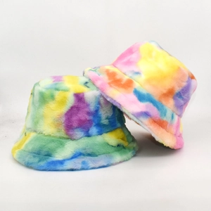Tie Dye Bucket Hat Faux Rabbit Fur Warm Winter Thick Plush Basin Cap Outdoors Fashion Headwear For Women And Men