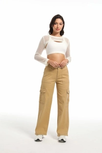 Detail view of khaki high waist cargo pants with multiple pockets and cotton twill texture