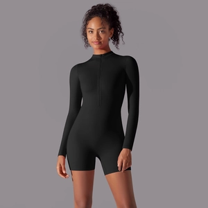 Detail of slim fit black long sleeve bodysuit with stand collar and zipper closure