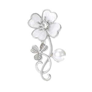 Elegant silver shell flower brooch with crystals and hanging white pearl detail