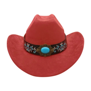 Detail of red cowboy hat featuring ethnic embroidery and turquoise stone ornament