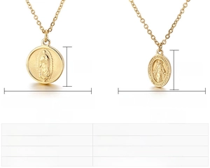 Close-up of 18k gold plated stainless steel Virgin Mary pendants with detailed dimensions