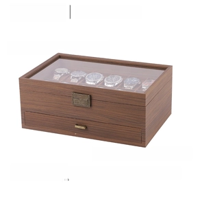 Dual-layer brown wood watch storage box with clear glass window and metal handle