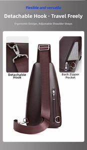 Macro view of water-resistant brown leather bag with detachable hook and back zip pocket