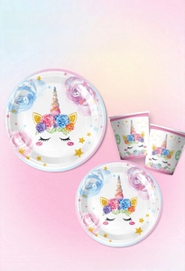 Detailed view of unicorn theme disposable paper plates and cups for kid birthday party