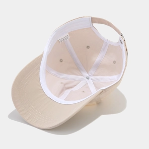 Inside view of a beige waterproof quick-dry baseball cap with internal structure and tags