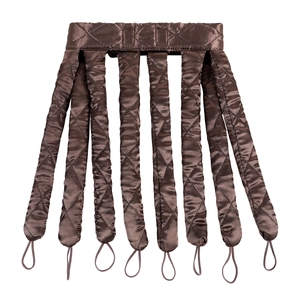 Detail of 8-arm brown satin heatless hair curler with elastic loops on white background