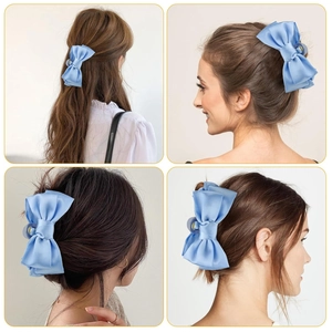Detailed views of the blue satin bow hair claw clip shown from multiple angles
