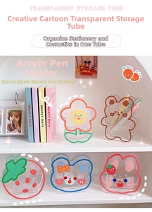 Macro shot of cartoon acrylic pen holders with colorful edges for desk organization