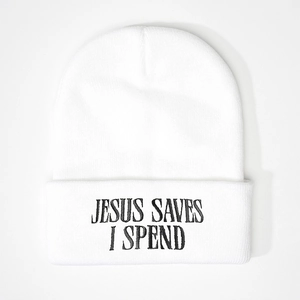 Bonnet en tricot blanc avec broderie noire Jesus Saves I Spend sur le revers