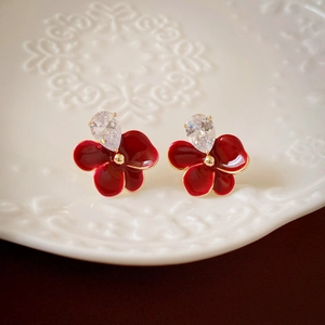 Boucles D'oreilles Puces Fleur Rouge Rétro Zircon Émail Cuivre Plaqué Or Tige En Argent Bijoux Femme