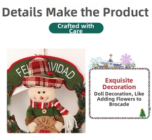 Detail of Christmas wreath featuring a plush snowman and Feliz Navidad wooden sign