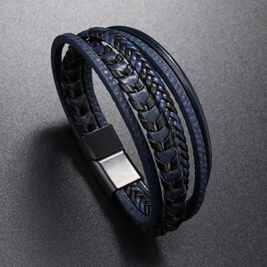 Bracelet multicouche en cuir pour homme avec tresses bleues et fermoir magnétique en métal