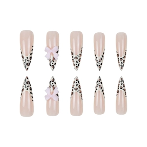 Pink French leopard print stiletto press-on nails with 3D bow and rhinestone accents